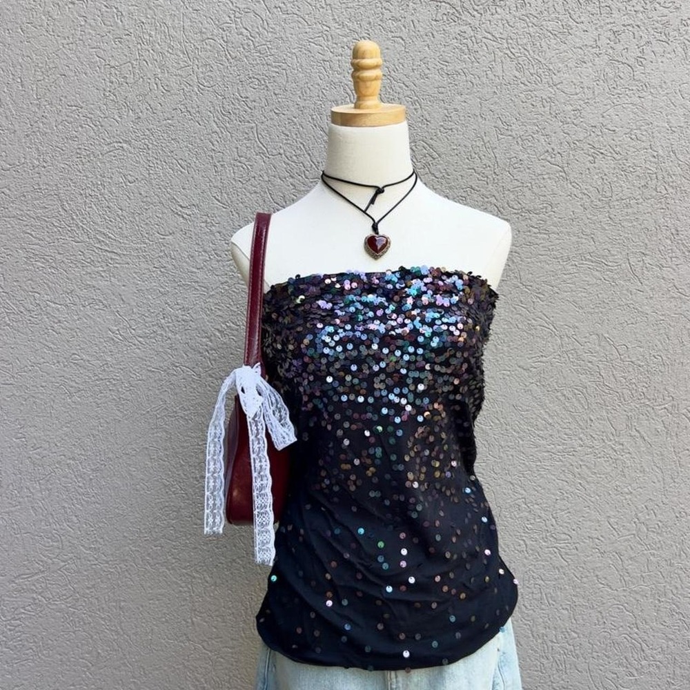 Express Black Sequin Strapless Tube Top Y2K Inspired Size Medium Going Out